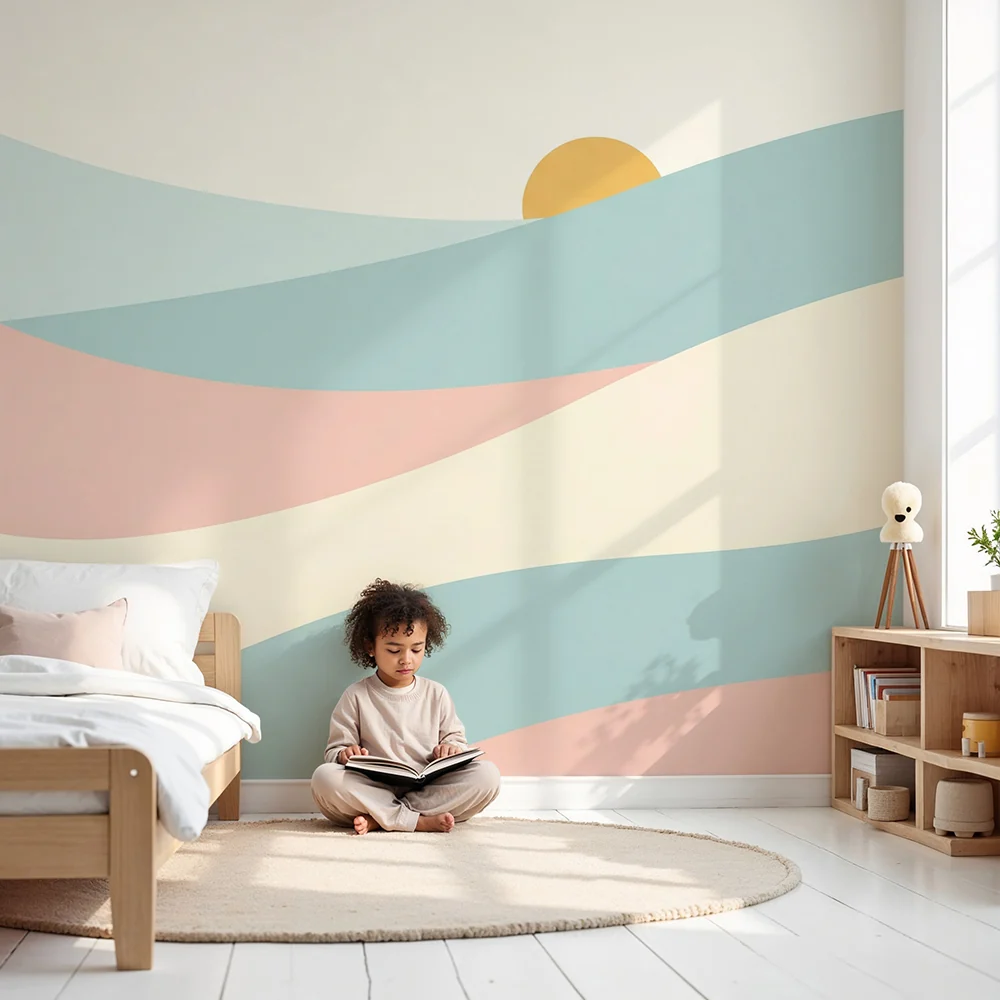 Papel de parede quarto bebê | Suaves ondas pastel com um sol nascente
