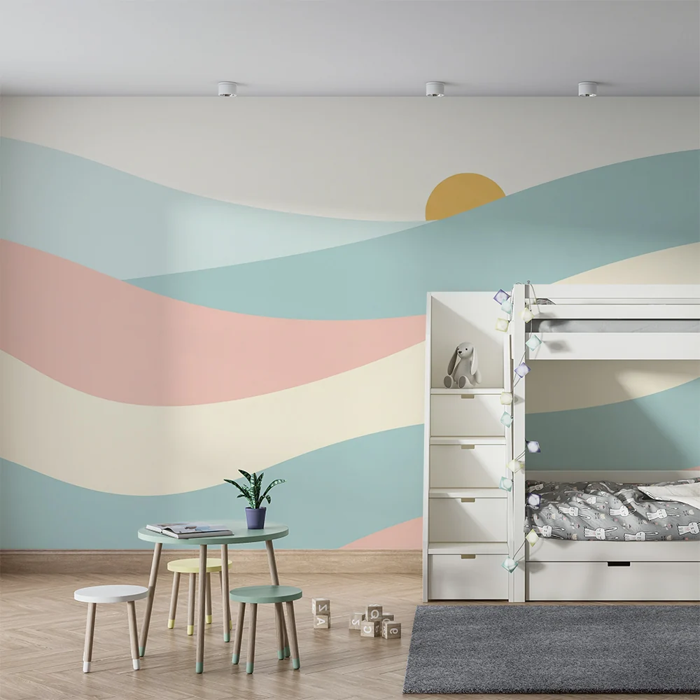 Papel de parede quarto bebê | Suaves ondas pastel com um sol nascente