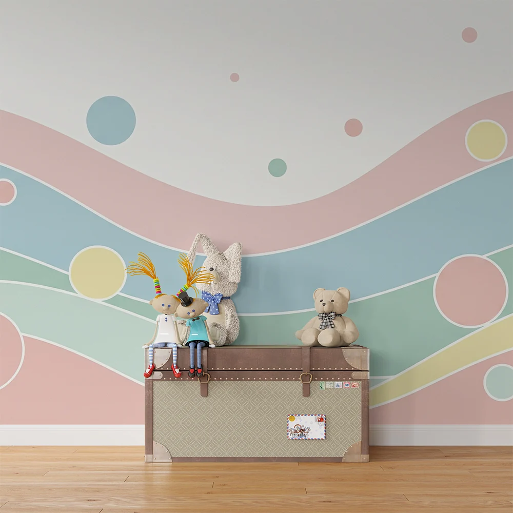 Papel de parede quarto bebê | Suaves ondas pastel com círculos coloridos