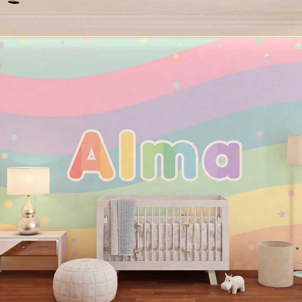 Papel de parede quarto bebê | Suaves ondas pastel e estrelas coloridas