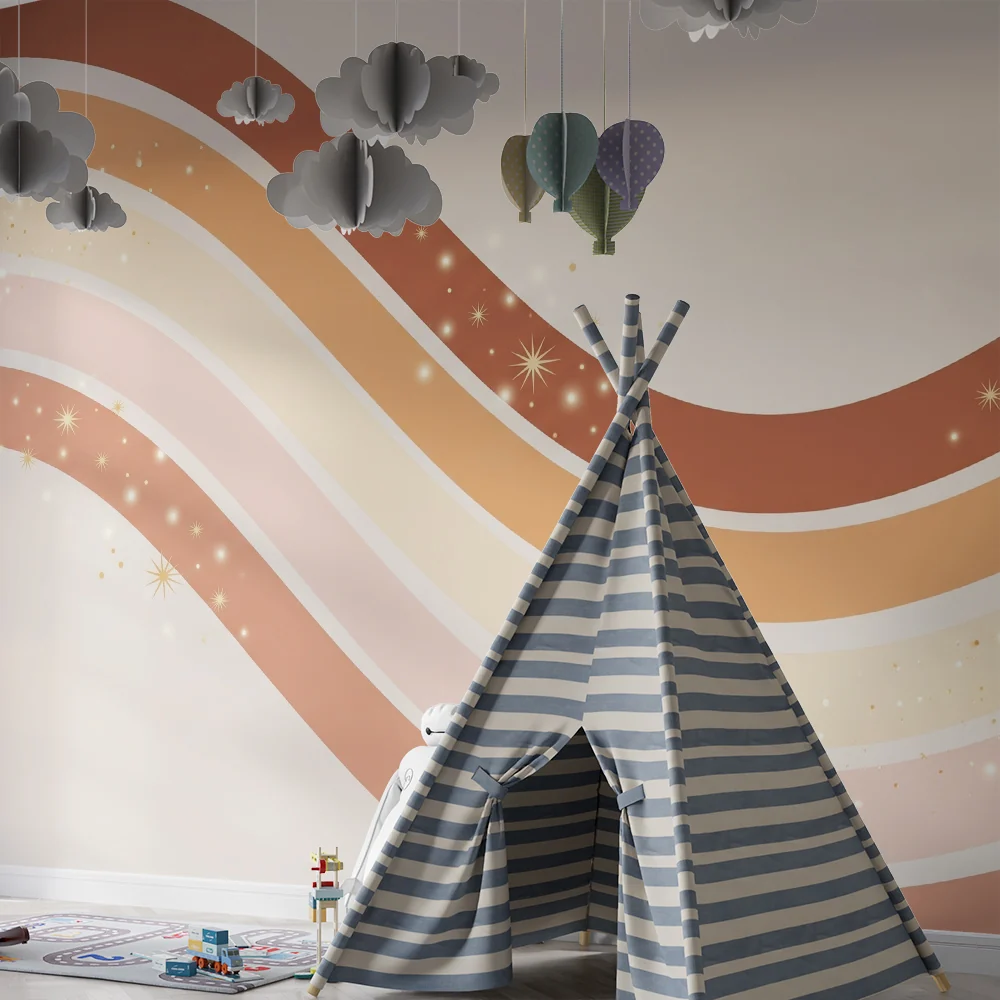 Papel de parede quarto bebê | Suaves ondas pastel com toques dourados