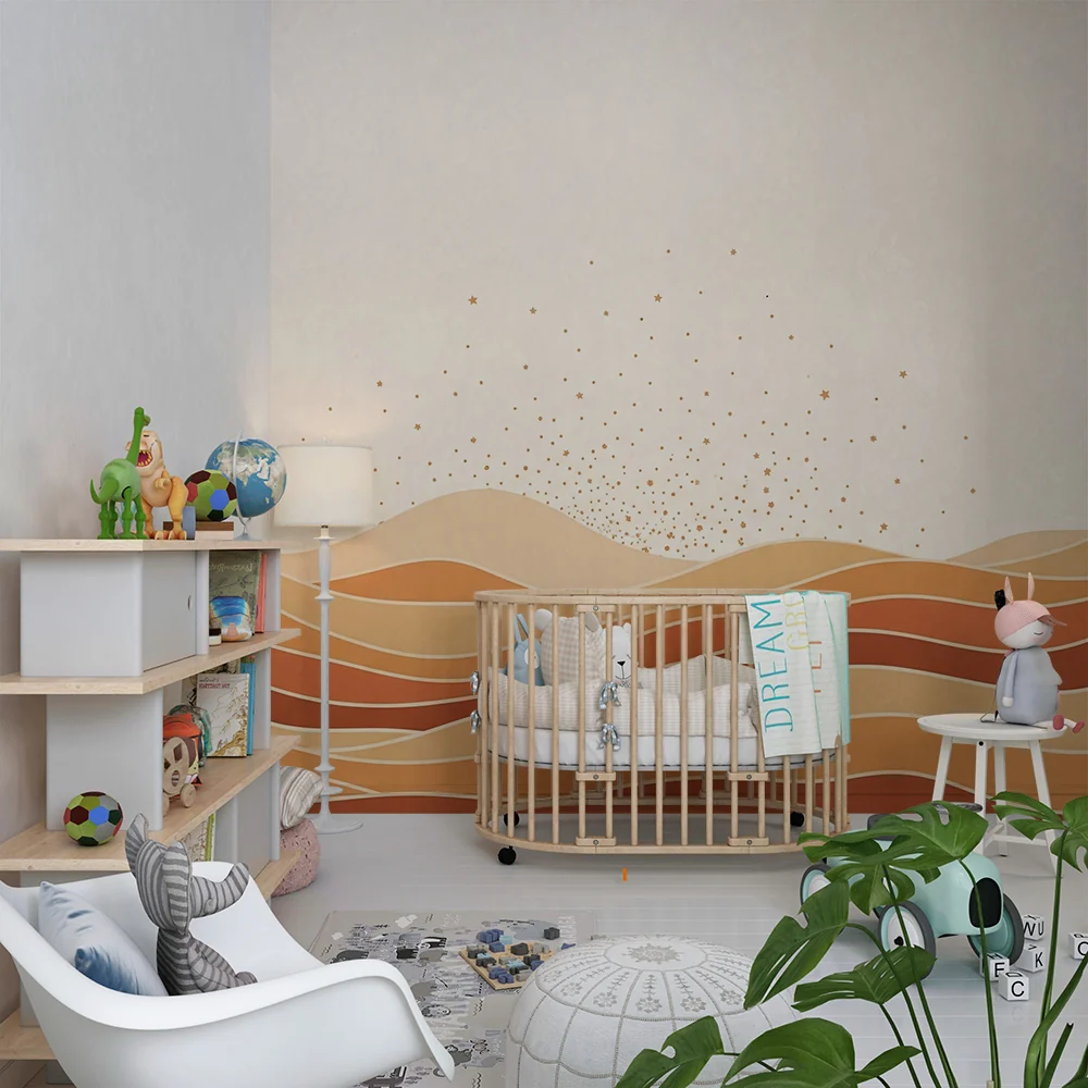 Papel de parede quarto bebê | Suaves ondas de areia e estrelas douradas
