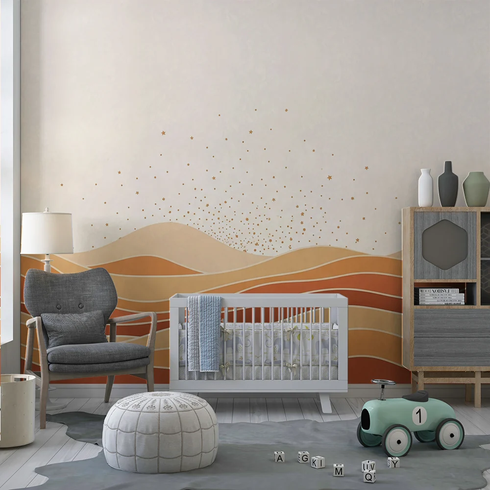 Papel de parede quarto bebê | Suaves ondas de areia e estrelas douradas