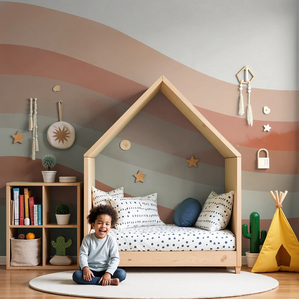 Papel de parede quarto bebê | Suaves ondas em tons pastel para um ambiente calmante.