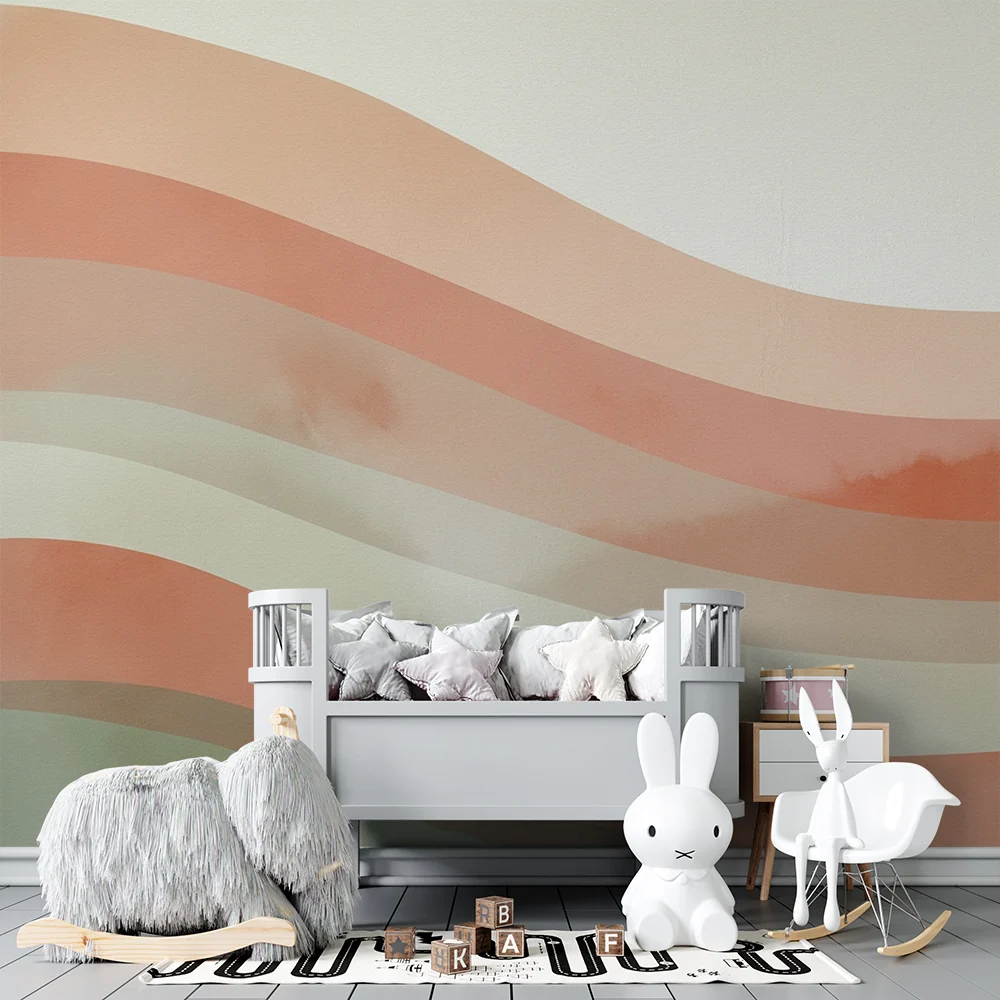 Papel de parede quarto bebê | Suaves ondas em tons pastel para um ambiente calmante.