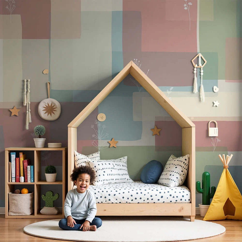 Papel de parede quarto bebê | Suaves padrões geométricos com toques florais