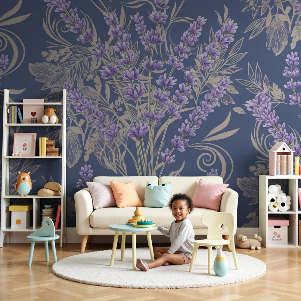 Papel de parede quarto bebê | Suavidade de lavanda em fundo azul