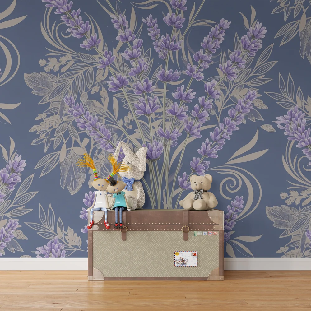 Papel de parede quarto bebê | Suavidade de lavanda em fundo azul