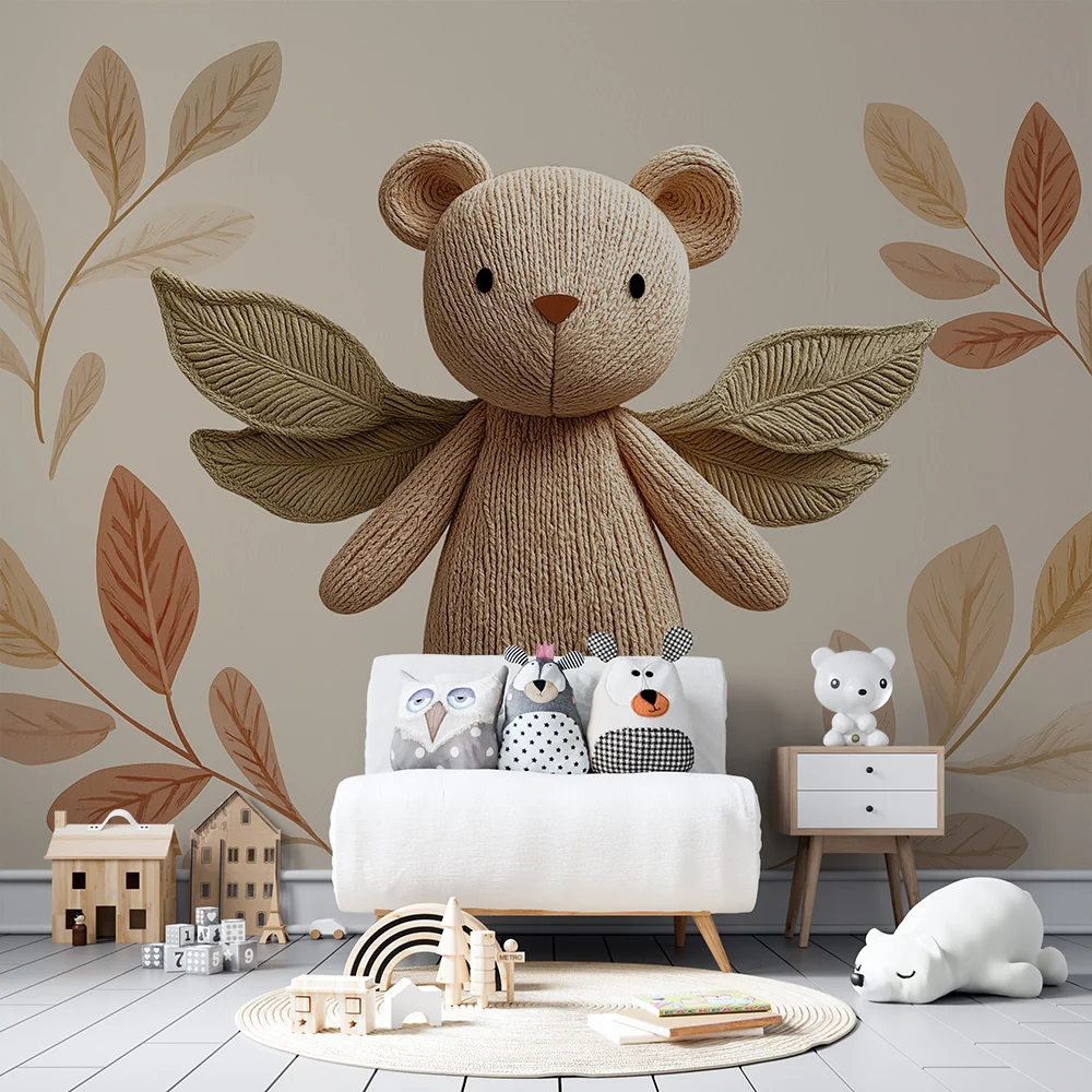 Papel de parede quarto bebê | Teddy bear surrounded delicate leaves