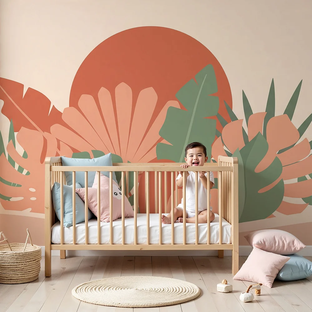 Papel de parede quarto bebê | Tropical folhagem em tons suaves e quentes