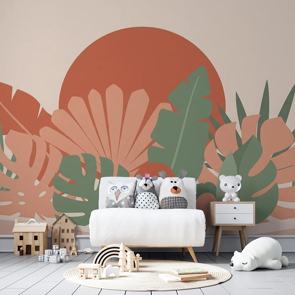 Papel de parede quarto bebê | Tropical folhagem em tons suaves e quentes