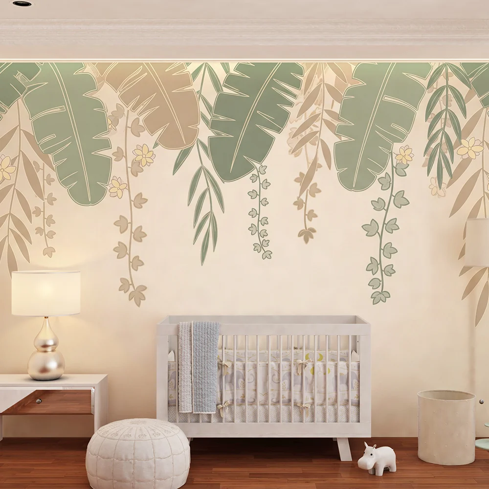 Papel de parede quarto bebê | Tropical folhas caídas fundo bege