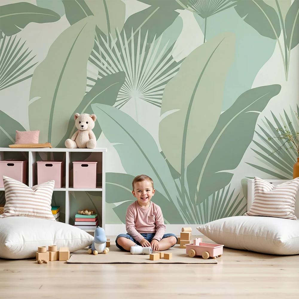 Papel de parede quarto bebê | Tropical folhas em tons de verde calmantes