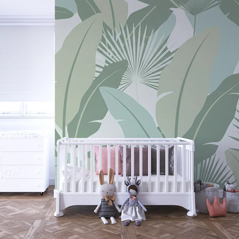 Papel de parede quarto bebê | Tropical folhas em tons de verde calmantes