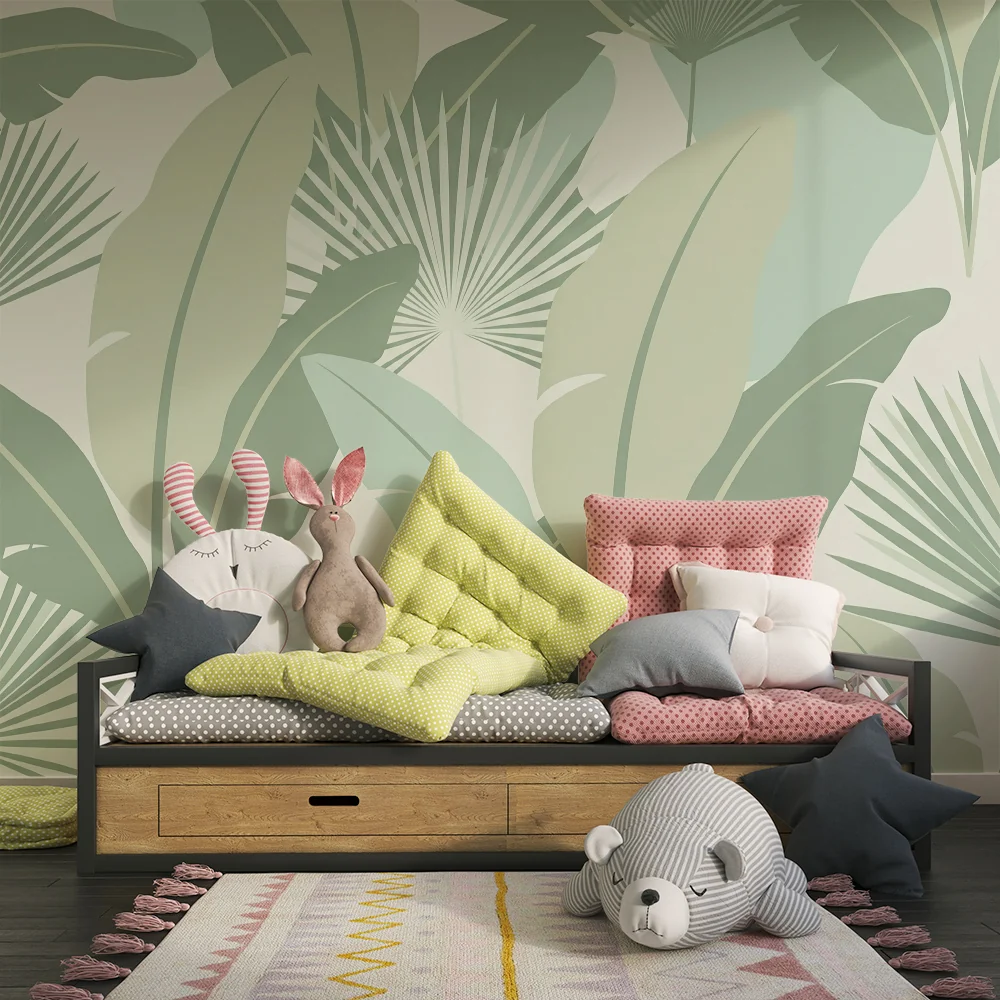 Papel de parede quarto bebê | Tropical folhas em tons de verde calmantes