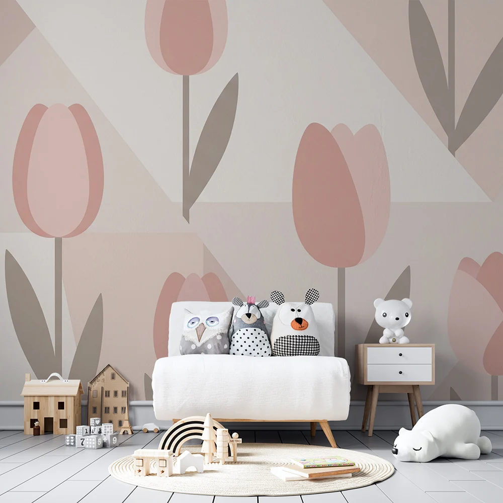 Papel de parede quarto bebê | Tulipas suaves e geometria pastel