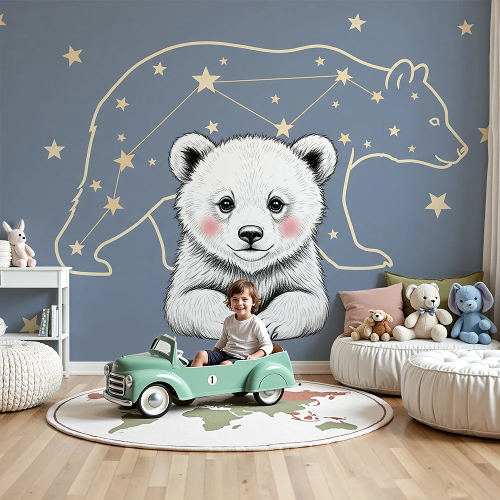 Papel de parede quarto bebê | Ursinho e constelações estreladas