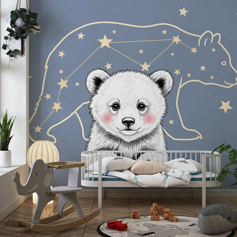 Papel de parede quarto bebê | Ursinho e constelações estreladas