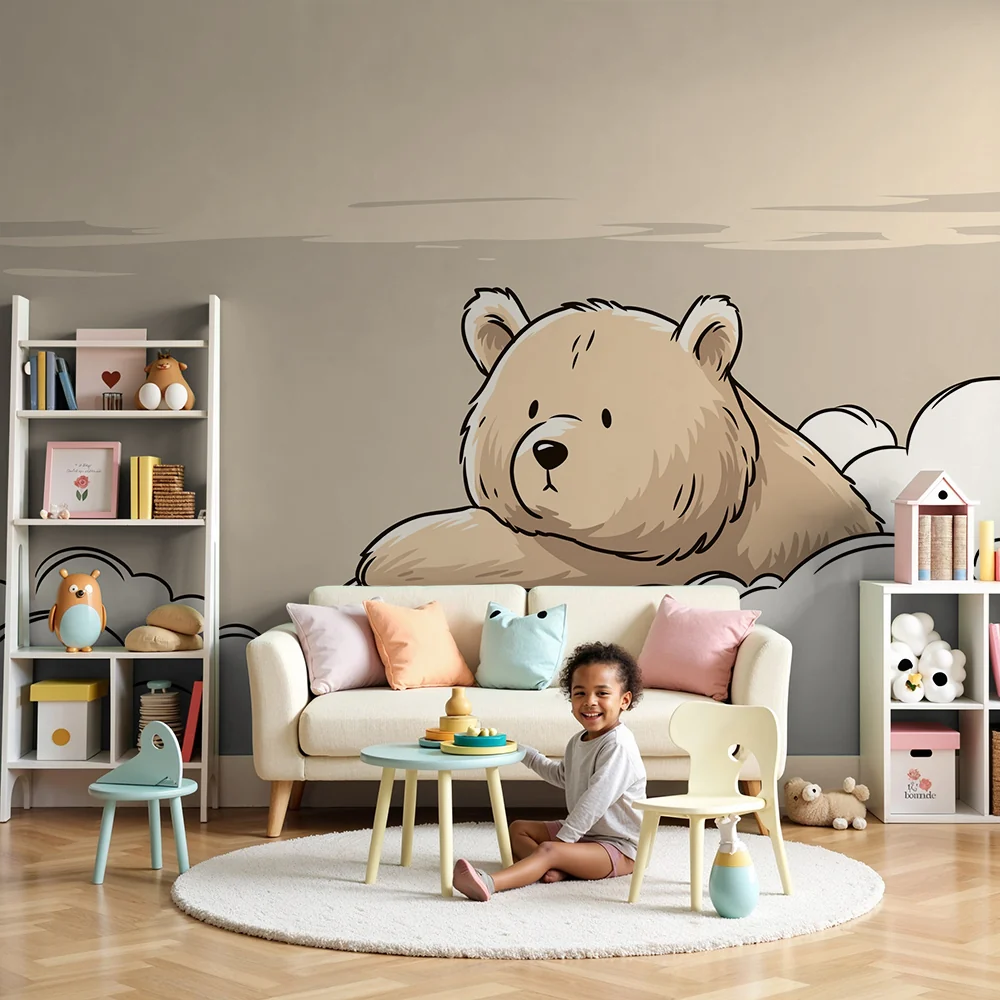 Papel de parede quarto bebê | Ursinho fofo entre nuvens suaves