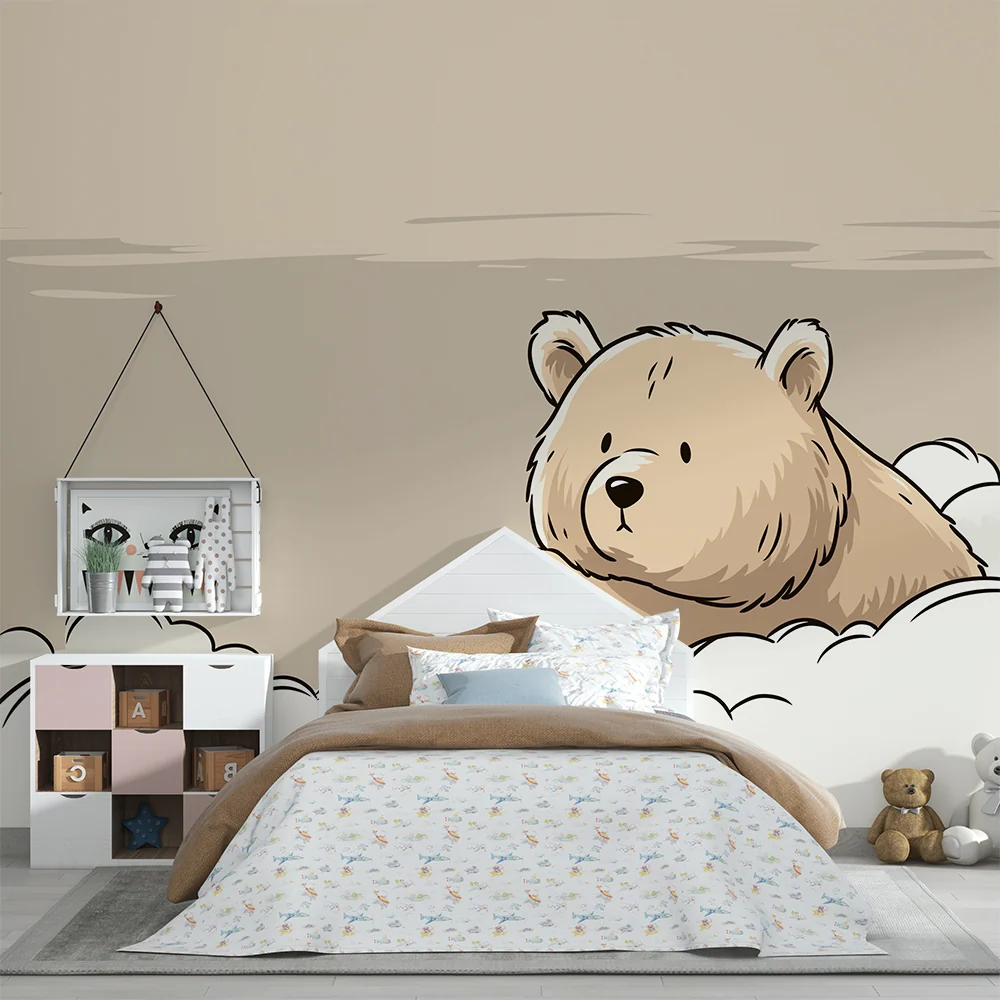 Papel de parede quarto bebê | Ursinho fofo entre nuvens suaves