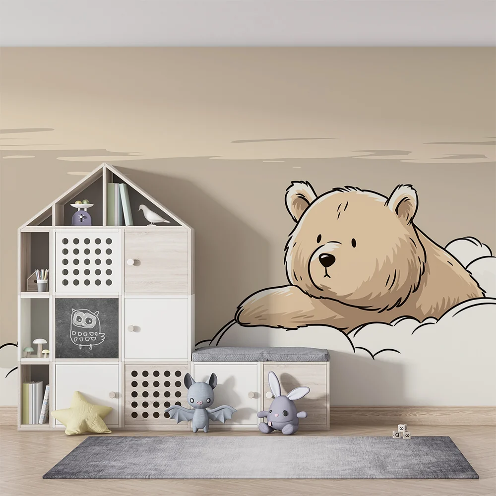 Papel de parede quarto bebê | Ursinho fofo entre nuvens suaves