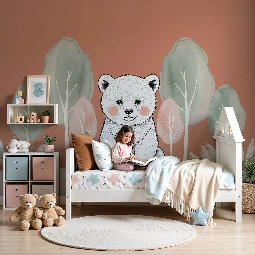 Papel de parede quarto bebê | Ursinho fofo e floresta suave