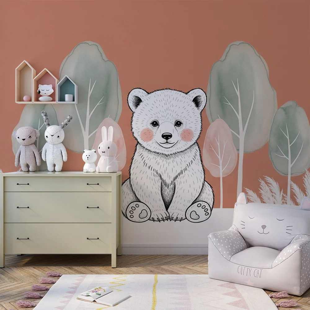 Papel de parede quarto bebê | Ursinho fofo e floresta suave