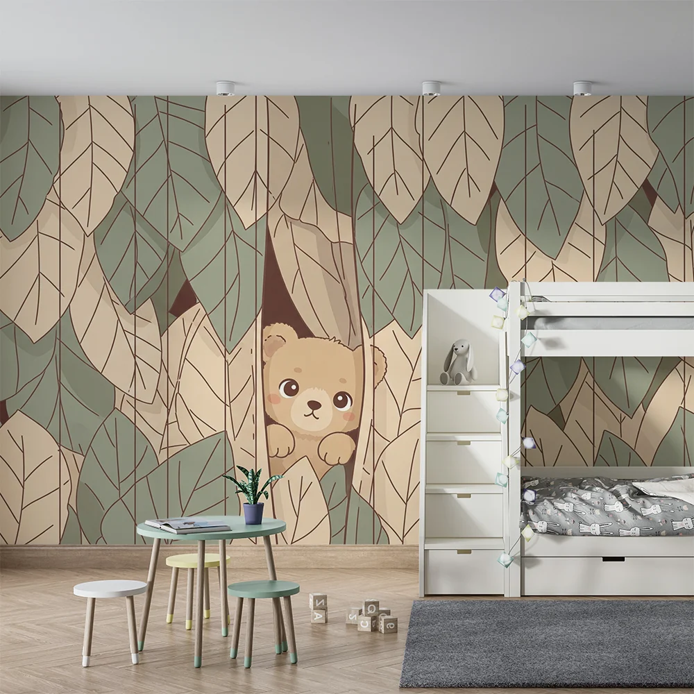 Papel de parede quarto bebê | Urso escondido entre as folhas