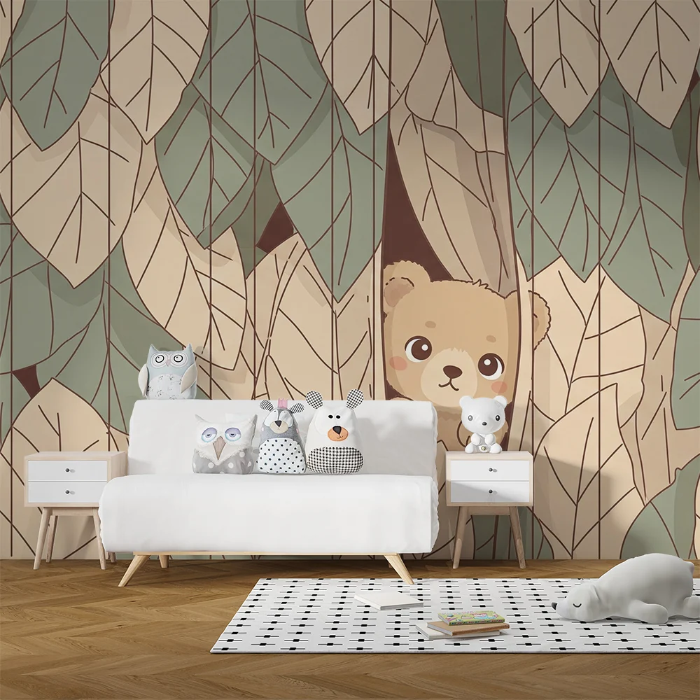 Papel de parede quarto bebê | Urso escondido entre as folhas