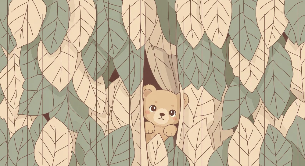 Papel de parede quarto bebê | Urso escondido entre as folhas