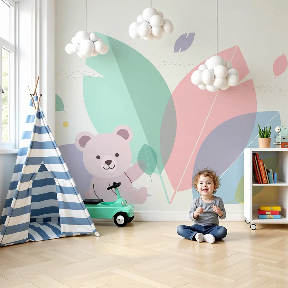 Papel de parede quarto bebê | Urso fofo nas folhas pastel