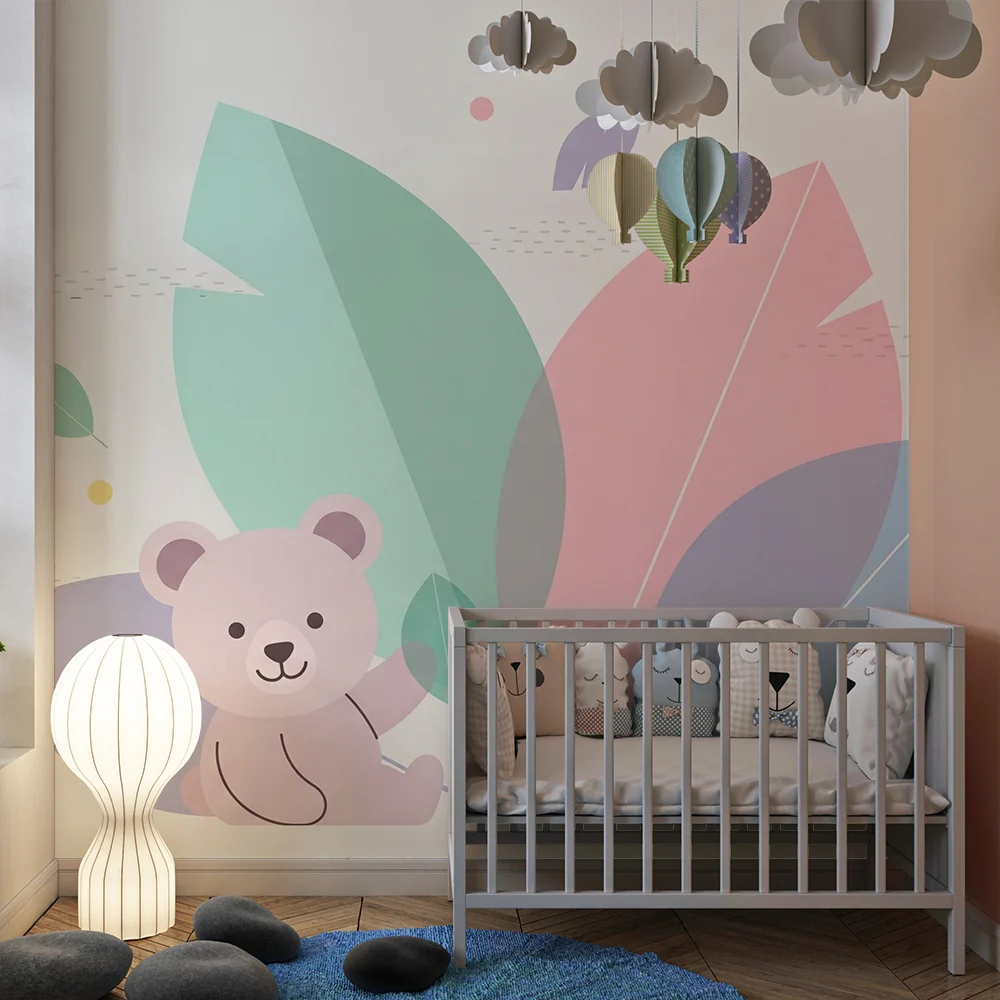 Papel de parede quarto bebê | Urso fofo nas folhas pastel