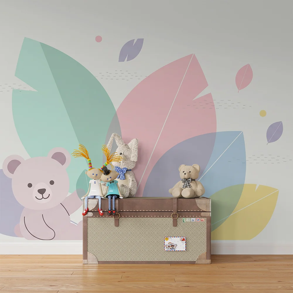 Papel de parede quarto bebê | Urso fofo nas folhas pastel
