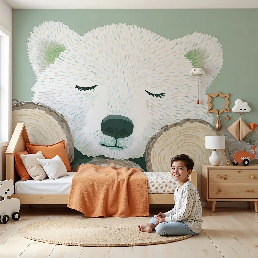Papel de parede quarto bebê | Urso polar descansando em toras