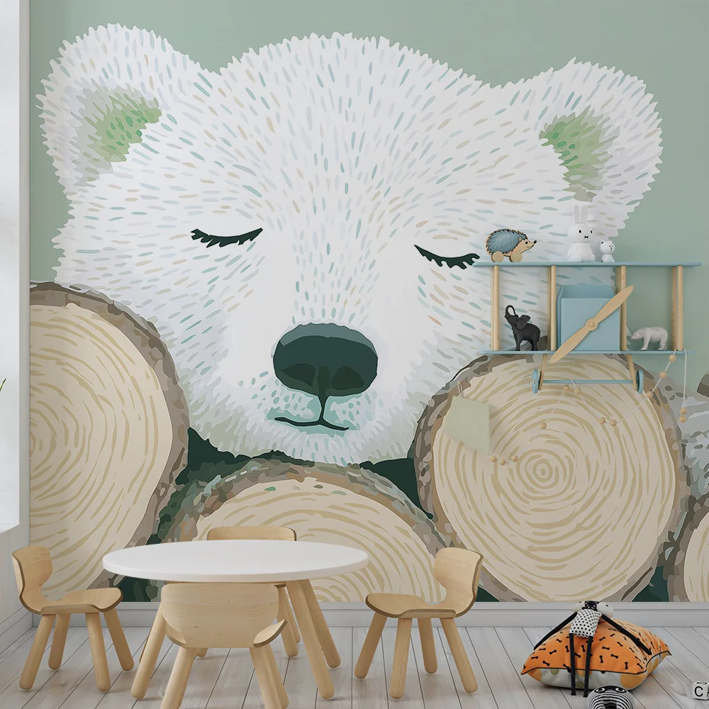 Papel de parede quarto bebê | Urso polar descansando em toras