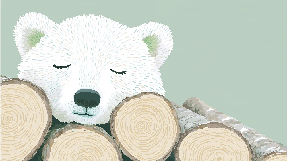 Papel de parede quarto bebê | Urso polar descansando em toras
