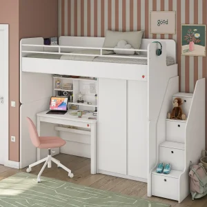 Модулно двуетажно легло «Studio White» - Сет 2, с легло, бюро, гардероб и стълби с чекмеджета