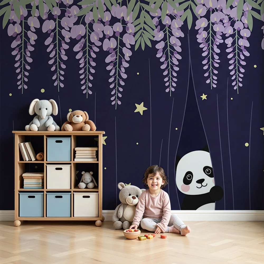 Tapet za detska staia | Panda pod zvezdite na glicini cvetia