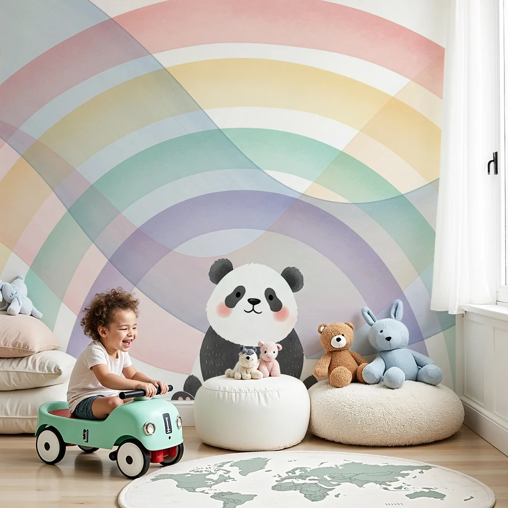 Tapet za detska staia | Slad'k panda pod pastelna duga