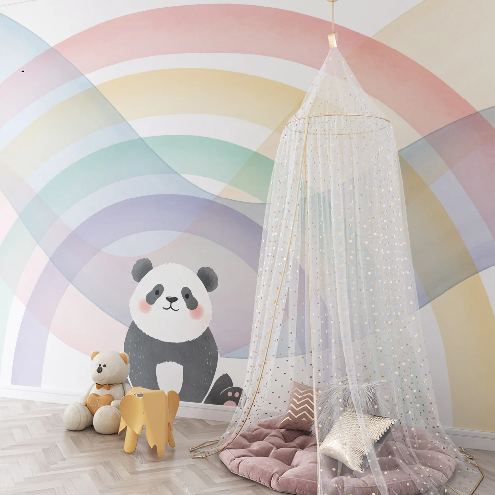 Tapet za detska staia | Slad'k panda pod pastelna duga
